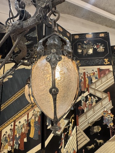 Années 50-60 - Lustre en fer forgé d’époque Art Déco aux Élans