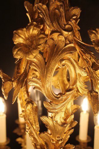 Antiquités - Chandelier of rocaille style in chased and gilded bronze with 24 lights