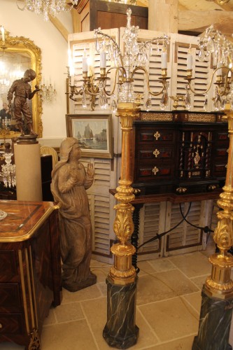 Lighting  - Pair of painted and gilded carved wood torchères, late 19th century