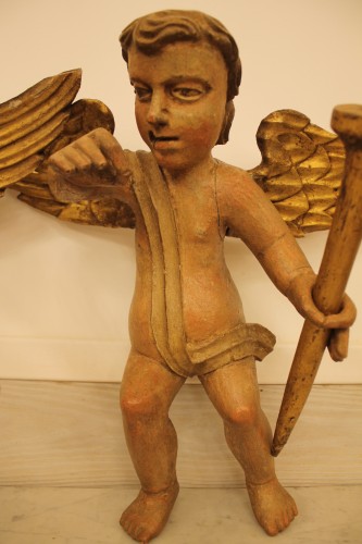 XVIIIe siècle - Paire d'angelots en bois sculpté polychrome, époque XVIIIe