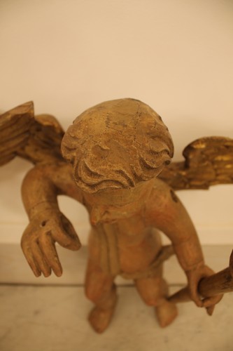 Pair of cherubs in polychrome carved wood, 18th century - 