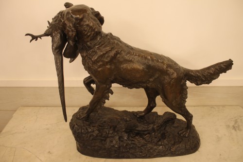 XIXe siècle - Lienard Emile Désiré- Epagneul au faisan, importante sculpture en bronze