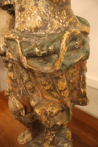 Jeune femme en armure, sculpture en bois polychrome, époque XVIIe siècle - 