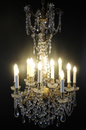 Lustre à 15 feux en bronze et cristal de Baccarat, époque Napoléon III - Luminaires Style Napoléon III