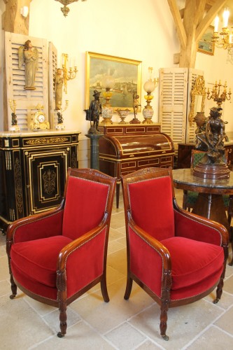 Paire de bergères en acajou, époque Restauration - Antiquités Thierry Martin