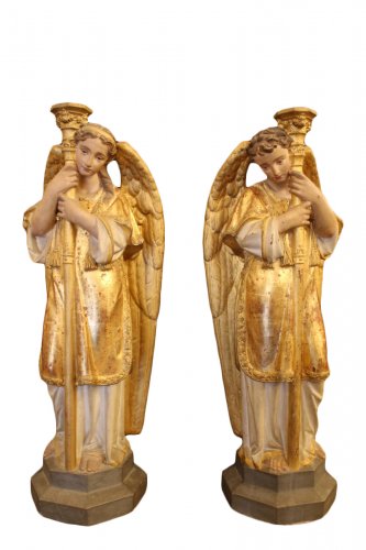 Paire d'anges céroféraires en terre cuite, Vénétie XIXe siècle