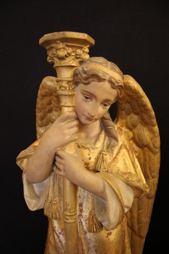 Art sacré, objets religieux  - Paire d'anges céroféraires en terre cuite, Vénétie XIXe siècle