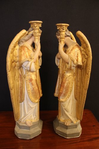 Paire d'anges céroféraires en terre cuite, Vénétie XIXe siècle - Louis-Philippe