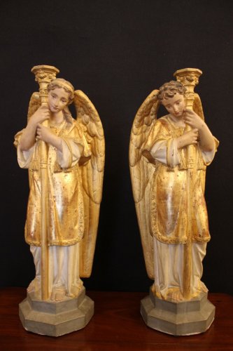 Antiquités - Paire d'anges céroféraires en terre cuite, Vénétie XIXe siècle