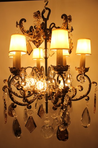 Important lustre en fer forgé et cristal Circa 1930 - Luminaires Style Art Déco