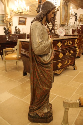 Grande statue du Sacré Coeur de Jésus en bois polychrome, milieu du XIXe siècle - Art sacré, objets religieux Style 
