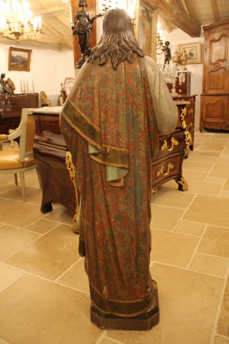 Art sacré, objets religieux  - Grande statue du Sacré Coeur de Jésus en bois polychrome, milieu du XIXe siècle