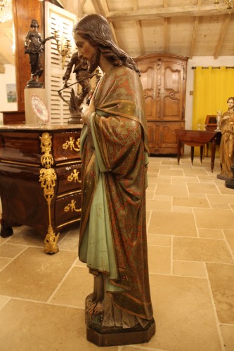 XIXe siècle - Grande statue du Sacré Coeur de Jésus en bois polychrome, milieu du XIXe siècle