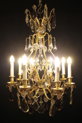 Lighting  - Bronze and crystal cage chandelier circa 1900 attributed to Baguès
