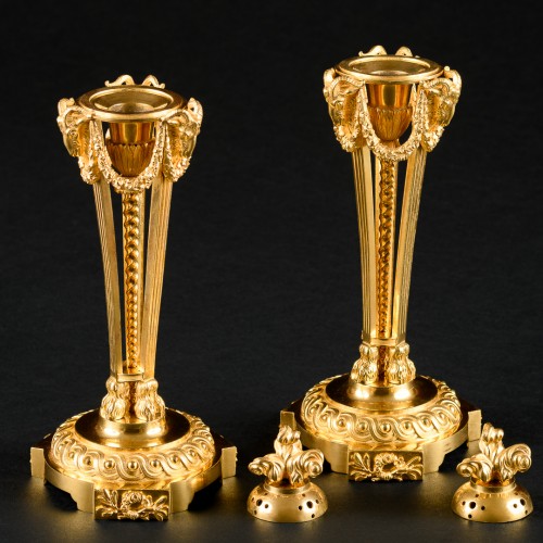 Pair Of Louis XVI Period Candlesticks / Cassolettes With Rams - Lighting Style Louis XVI