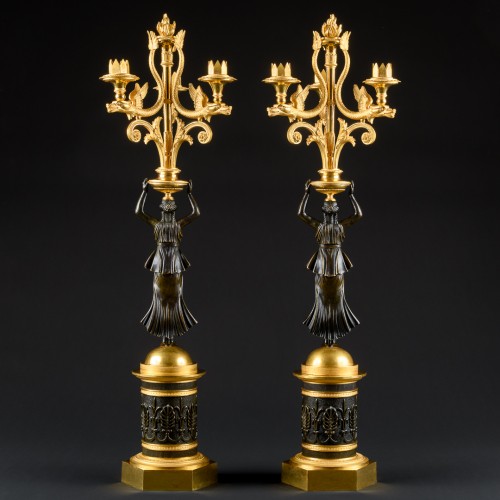 Antiquités - Pair Of Early Empire Period Candelabra With Caryatids
