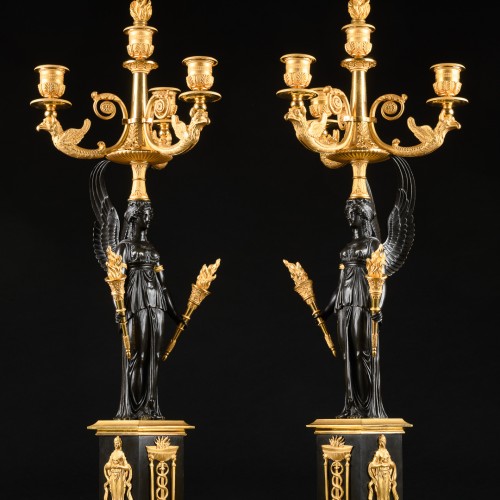 Antiquités - Paire de candélabres" Aux Victoires Ailées" Empire