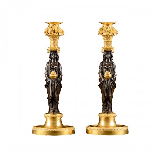 Pair Of Empire Period Candlesticks With Vestals