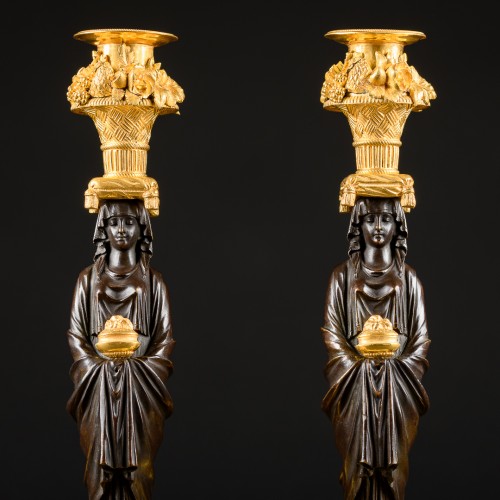 Pair Of Empire Period Candlesticks With Vestals - Lighting Style Empire