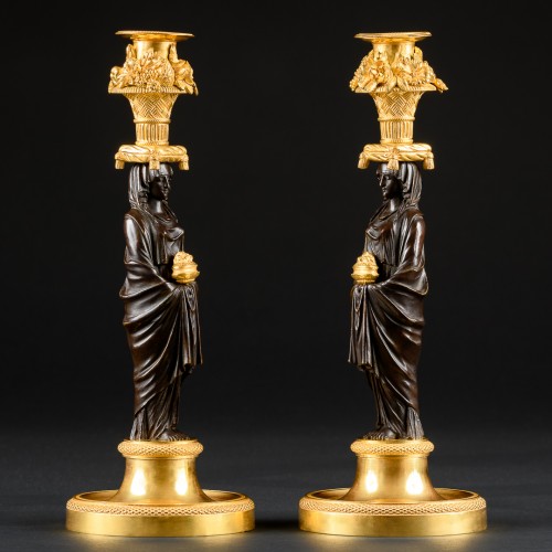 Pair Of Empire Period Candlesticks With Vestals - 