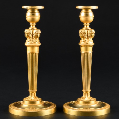 Luminaires Bougeoirs et Chandeliers - Paire de candélabres Empire “Retour d’Egypte” , modèle de Claude Galle