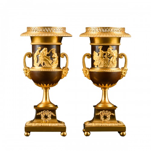Pair Of Gilt And Patinated Bronze Empire Medici Vases