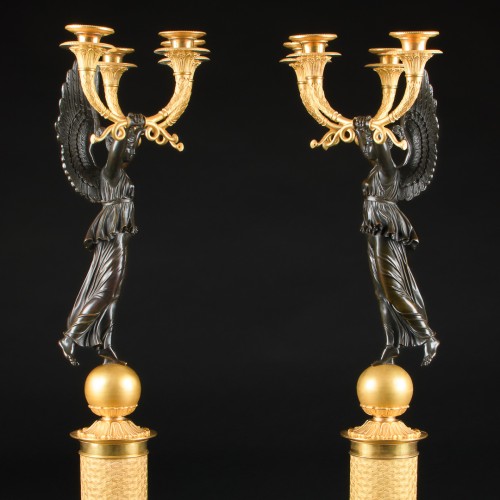 Antiquités - Large Pair Of Empire Candelabra With Victories - Model By Rabiat 