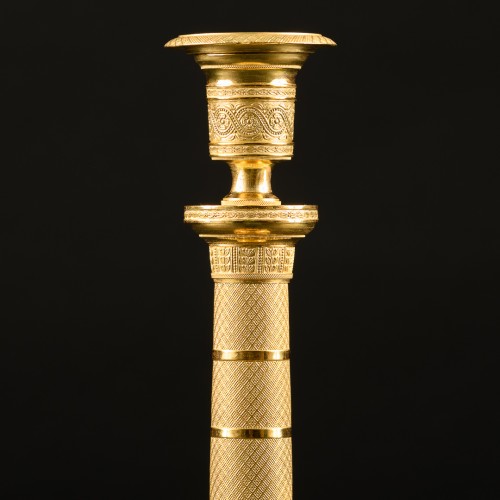 Lighting  - Pair Of Empire Candlesticks With Guilloche Motifs