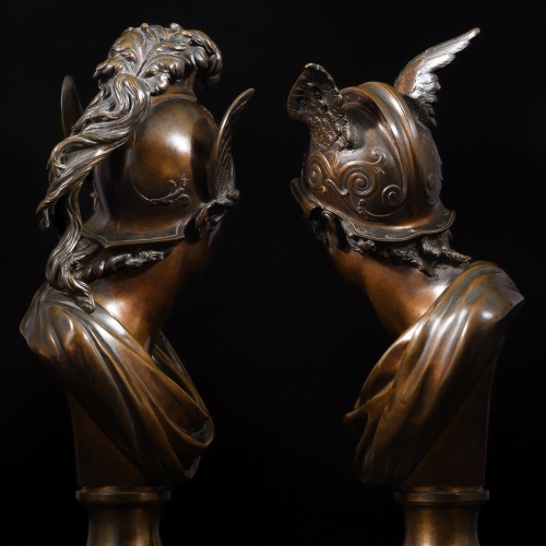 Paire de bustes mythologiques en bronze patiné “Mars et Mercure” - Napoléon III