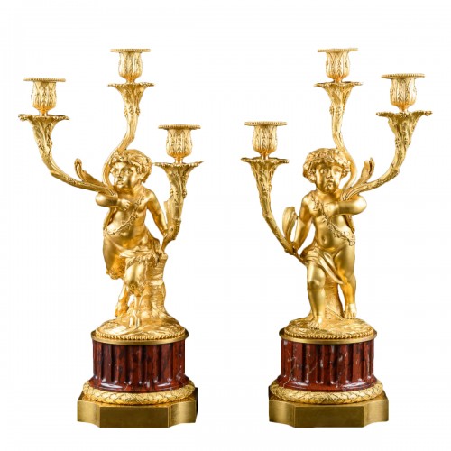 Paire de candélabres en bronze doré et marbre, milieu du 19e siècle