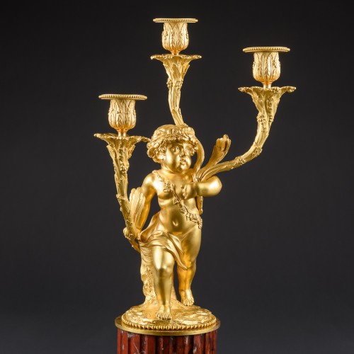 Paire de candélabres en bronze doré et marbre, milieu du 19e siècle - Luminaires Style 