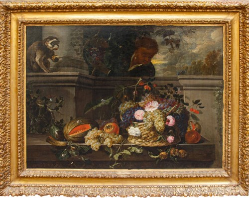 Nature morte de fruits et de fleurs dans un jardin