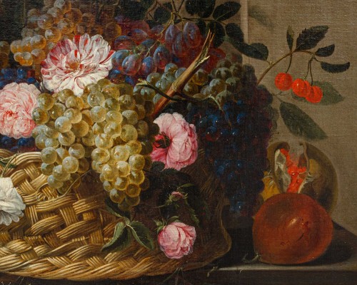 Tableaux et dessins Tableaux XVIIe siècle - Nature morte de fruits et de fleurs dans un jardin