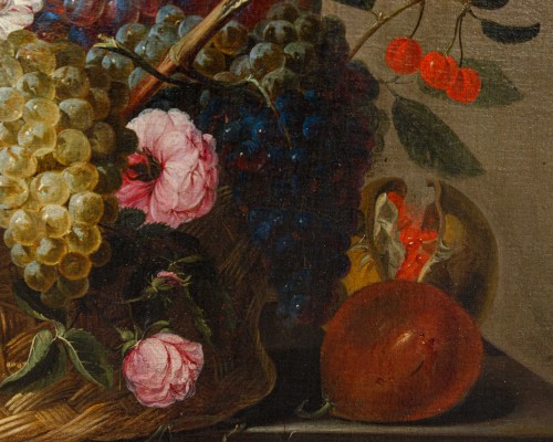 XVIIe siècle - Nature morte de fruits et de fleurs dans un jardin