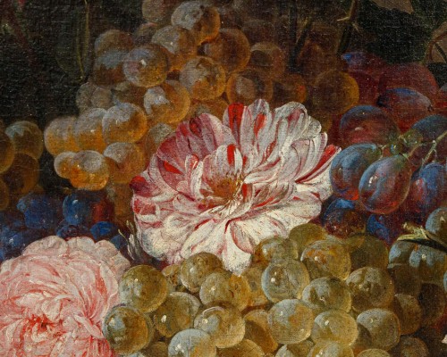 Antiquités - Nature morte de fruits et de fleurs dans un jardin