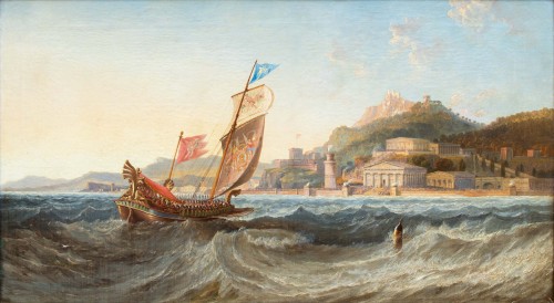 John Wilson Carmichael (1800 - 1868) - Trireme at the Acropolis port with p - Paintings & Drawings Style 
