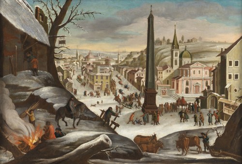 Vue fantaisiste de la Piazza del Popolo l’hiver – Ecole Flamande du XVIIe siècle - Tableaux et dessins Style 