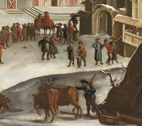 Tableaux et dessins Tableaux XVIIe siècle - Vue fantaisiste de la Piazza del Popolo l’hiver – Ecole Flamande du XVIIe siècle