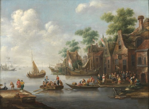 Paysage fluvial animé – Eise Aetes Ruytenbach, Hollande, fin du XVIIe siècle - Tableaux et dessins Style 