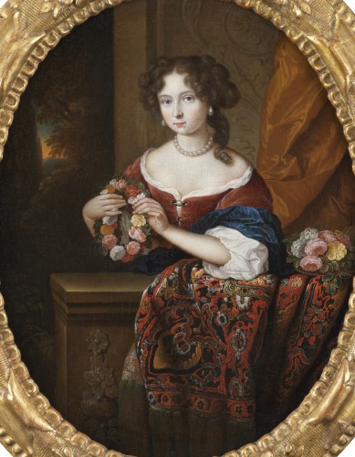 Portrait d’une demoiselle en Flore – Attribué à Jan van Haensbergen (1642 – 1705) - Tableaux et dessins Style 