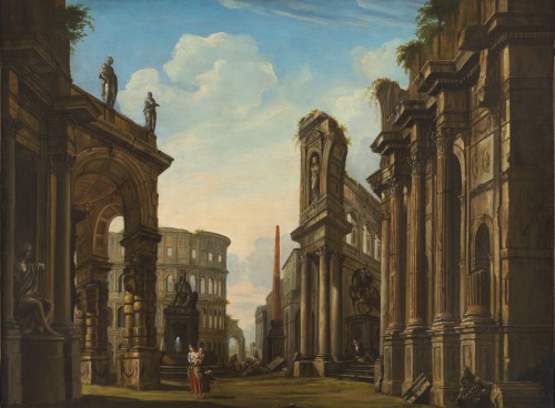 Caprice architectural romain – Ecole de Giovanni Paolo Panini XVIIIe siècle - Tableaux et dessins Style 