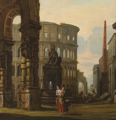 Tableaux et dessins Tableaux XVIIIe siècle - Caprice architectural romain – Ecole de Giovanni Paolo Panini XVIIIe siècle