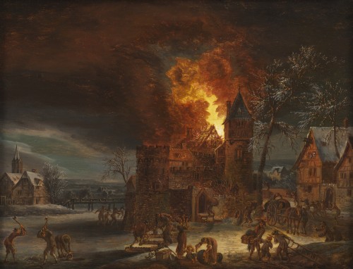 Antiquités - Le château en feu et l’incendie au village – Attribué à Daniel van Heil (1604 – 1662)