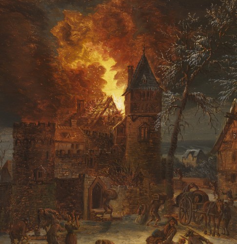 Antiquités - Le château en feu et l’incendie au village – Attribué à Daniel van Heil (1604 – 1662)