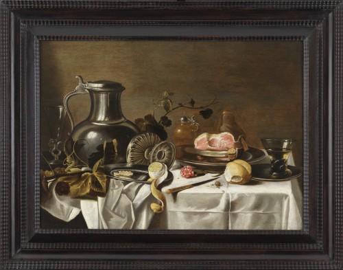 Nature morte au pichet, à la tazza, au jambon et à l’œillet. Atelier de Pieter Claesz