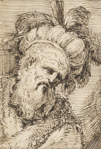 Vieil oriental au chapeau emplumé, le Mage Melchior – Attribué à Claude Vignon - Tableaux et dessins Style 