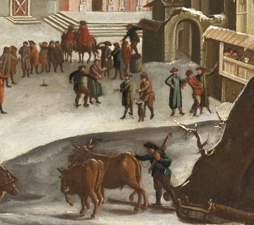 Vue fantaisiste de la Piazza del Popolo l’hiver – Ecole Flamande du XVIIe siècle - Tableaux et dessins Style 