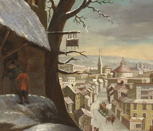 Tableaux et dessins Tableaux XVIIe siècle - Vue fantaisiste de la Piazza del Popolo l’hiver – Ecole Flamande du XVIIe siècle