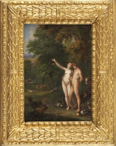 Adam et Eve dans les jardins d’Eden – École néerlandaise du XVIIe siècle, entourage d’Abraham Bloemaert.