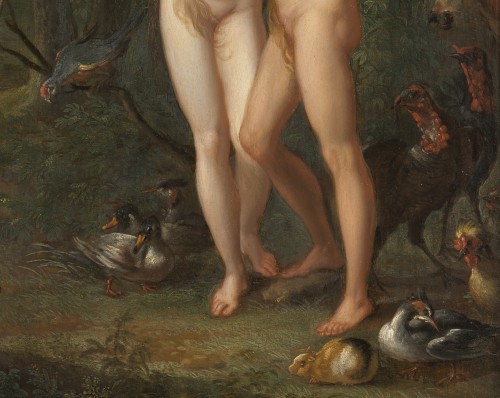 Adam et Eve dans les jardins d’Eden – École néerlandaise du XVIIe siècle, entourage d’Abraham Bloemaert. - 